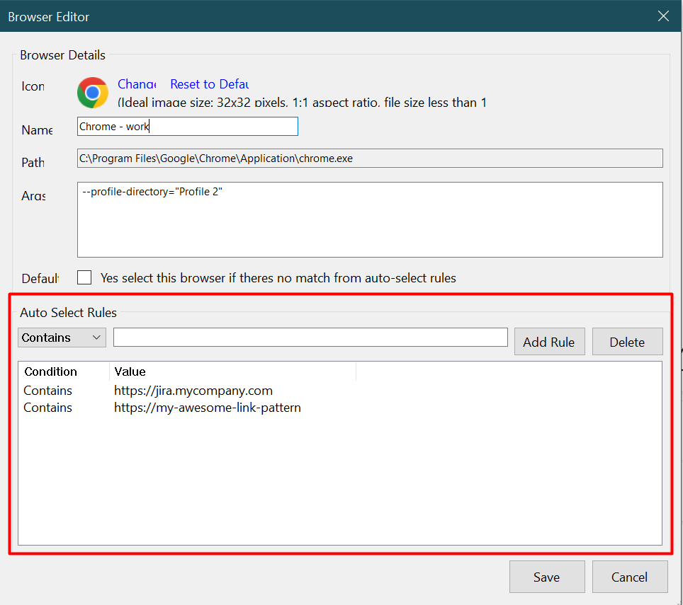 The Auto Select Rules section of the browser edit window, with URL patterns mapped to a browser