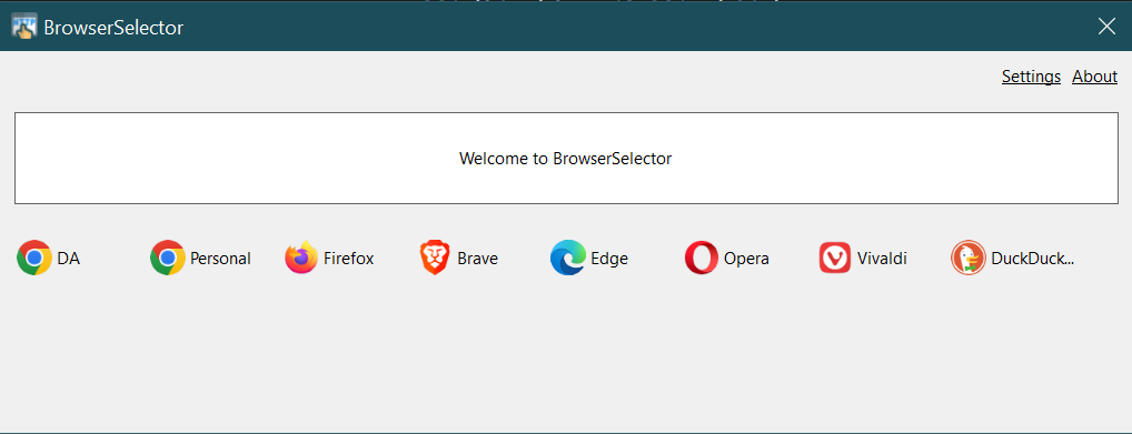 The Browser Selector popup window listing the configured browsers and profiles